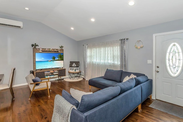 51 Andrews Ave, Wyandanch, NY 11798 - living area featuring a wall mounted air conditioner, lofted ceiling, wood finished floors, and recessed lighting