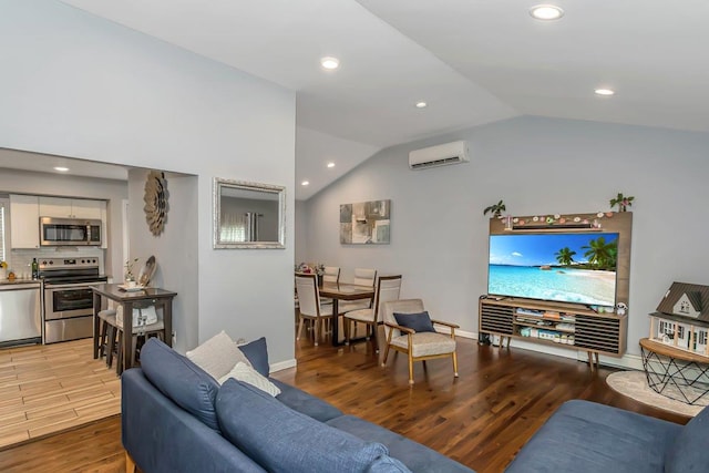 51 Andrews Ave, Wyandanch, NY 11798 - living area featuring a wall mounted air conditioner, wood finished floors, lofted ceiling, and recessed lighting