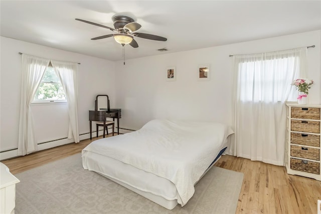 721 3rd Ave, East Northport, NY 11731 - bedroom with light wood-style floors, ceiling fan, and baseboard heating
