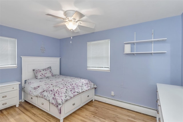 721 3rd Ave, East Northport, NY 11731 - bedroom with baseboard heating, light wood-style flooring, and ceiling fan