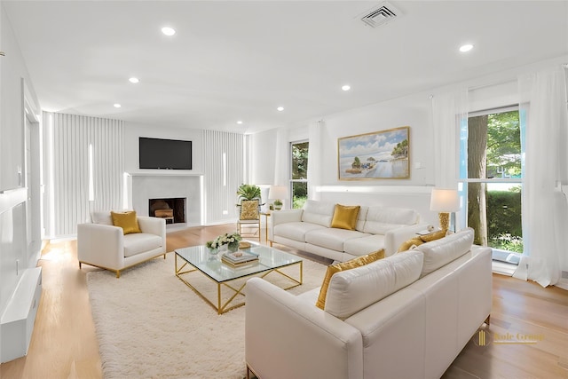 living room with wood finished floors, a fireplace, and recessed lighting