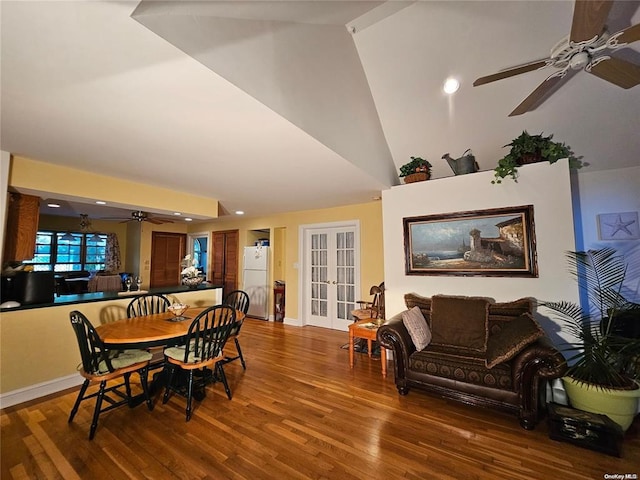 dining space with a ceiling fan, french doors, wood finished floors, recessed lighting, and baseboards