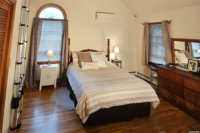 bedroom featuring a baseboard radiator, dark wood-type flooring, and vaulted ceiling