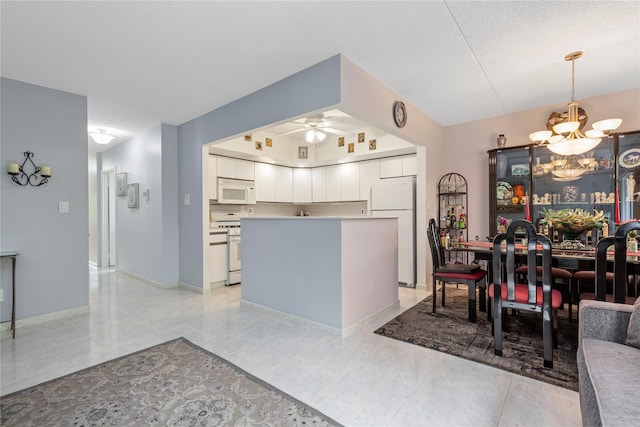 71-28 Sutton Pl Unit 3, Flushing, NY 11365 - kitchen with white appliances, a chandelier, white cabinetry, ceiling fan, and decorative light fixtures