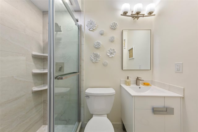 71-28 Sutton Pl Unit 3, Flushing, NY 11365 - bathroom with a shower stall, toilet, a chandelier, and vanity