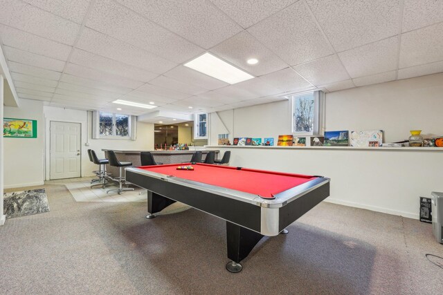1 Deforest Ct, West Nyack, NY 10994 - playroom featuring a dry bar, billiards table, carpet, a paneled ceiling, and baseboards