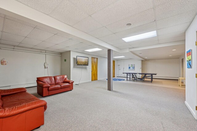 1 Deforest Ct, West Nyack, NY 10994 - finished below grade area featuring a baseboard radiator, a paneled ceiling, and carpet floors