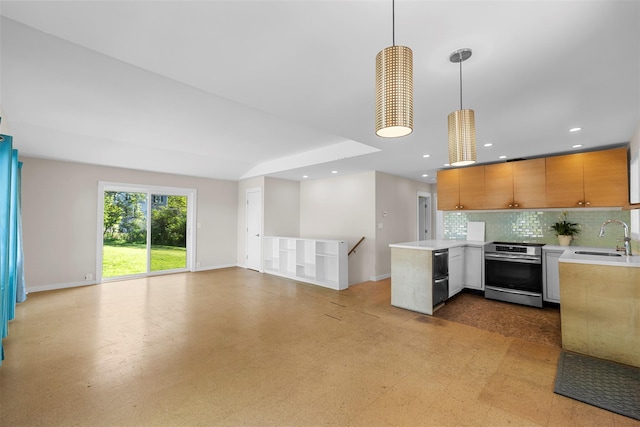 2 Mountain View Pl N, New Paltz, NY 12561 - kitchen with electric stove, a sink, light countertops, open floor plan, and backsplash