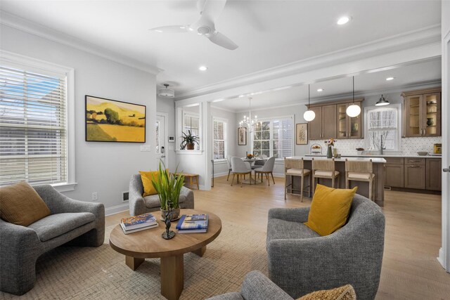 6 Livingston St, Red Hook, NY 12571 - living room with crown molding, light wood-style flooring, a ceiling fan, recessed lighting, and baseboards