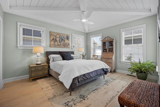 6 Livingston St, Red Hook, NY 12571 - bedroom with wood ceiling with exposed beams, light wood-type flooring, baseboards, and a ceiling fan