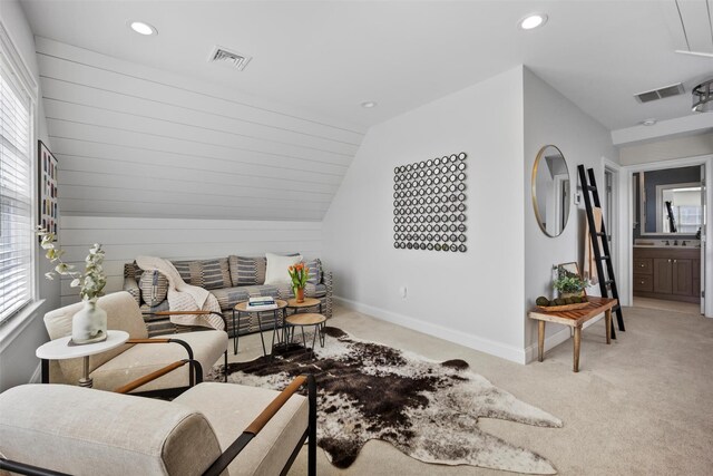 6 Livingston St, Red Hook, NY 12571 - living room featuring vaulted ceiling, carpet flooring, baseboards, and recessed lighting