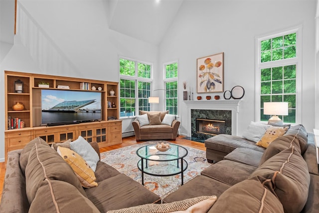 56 Londonderry Ln, Somers, NY 10589 - living area with high vaulted ceiling, wood finished floors, plenty of natural light, a baseboard radiator, and a premium fireplace