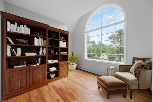 56 Londonderry Ln, Somers, NY 10589 - living area with a baseboard heating unit, light wood-style flooring, and lofted ceiling