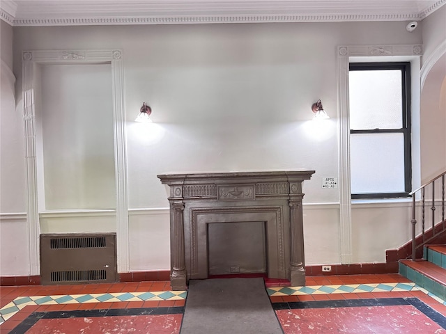 1845 82nd St Unit C3, Brooklyn, NY 11214 - tiled living room with heating unit, stairway, a fireplace with flush hearth, and baseboards