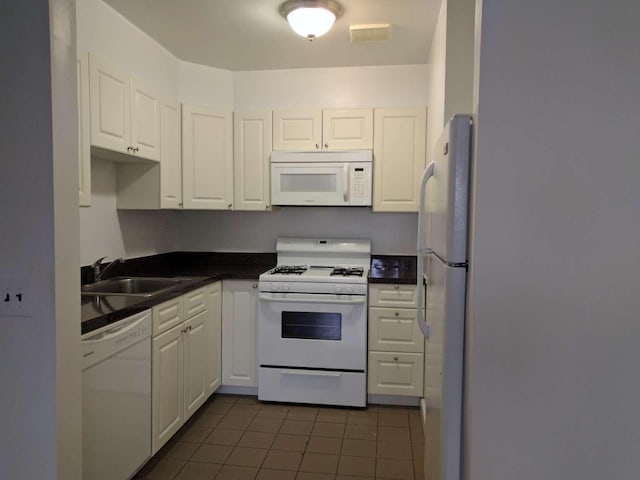 5465 Sylvan Ave, Bronx, NY 10471 - kitchen with white appliances, a sink, white cabinets, and dark countertops