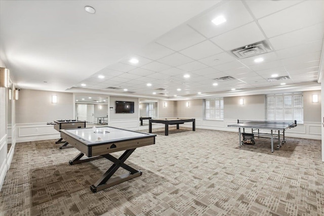 50 Columbus Ave Unit 605, Tuckahoe, NY 10707 - game room with a decorative wall, carpet, billiards, wainscoting, and recessed lighting