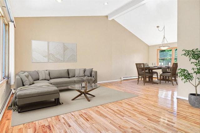 8 Skinner Ct, Tomkins Cove, NY 10986 - living room with baseboard heating, wood finished floors, beamed ceiling, baseboards, and high vaulted ceiling