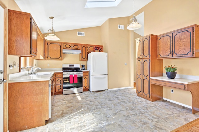 8 Skinner Ct, Tomkins Cove, NY 10986 - kitchen featuring stainless steel appliances, a sink, under cabinet range hood, a skylight, and high vaulted ceiling