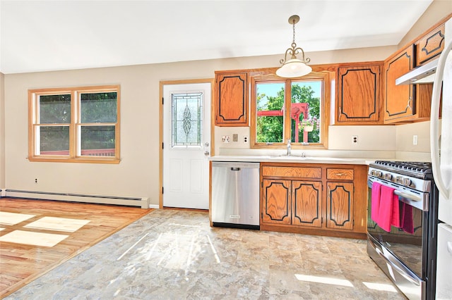 8 Skinner Ct, Tomkins Cove, NY 10986 - kitchen featuring appliances with stainless steel finishes, a baseboard heating unit, brown cabinets, and under cabinet range hood