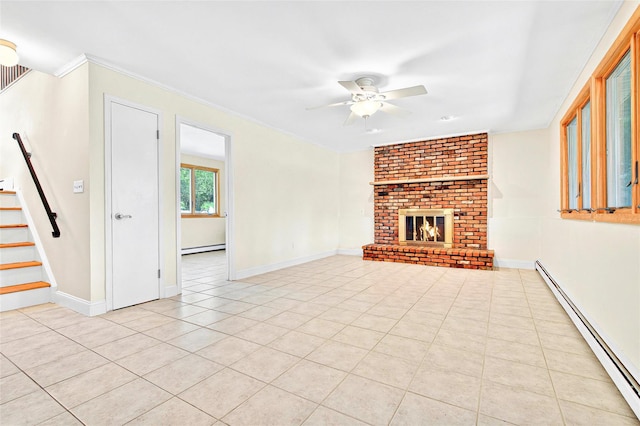 8 Skinner Ct, Tomkins Cove, NY 10986 - unfurnished living room featuring a baseboard heating unit, ceiling fan, stairs, baseboard heating, and light tile patterned flooring