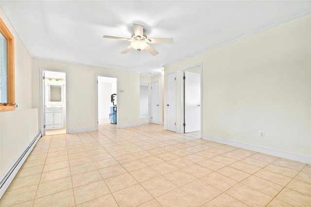 8 Skinner Ct, Tomkins Cove, NY 10986 - unfurnished room featuring a baseboard radiator, ceiling fan, crown molding, baseboards, and light tile patterned floors