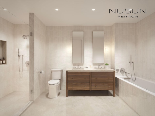 30-55 Vernon Blvd Unit 7D, Long Island City, NY 11102 - bathroom featuring a garden tub, toilet, tiled shower, double vanity, and tile walls