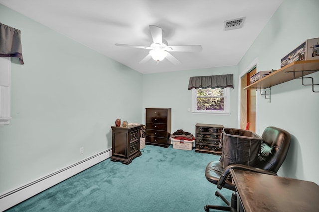 living area featuring a baseboard radiator, ceiling fan, and carpet