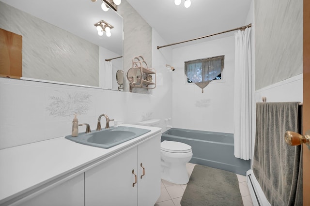 bathroom with tile patterned flooring, shower / bath combo with shower curtain, toilet, vanity, and baseboard heating