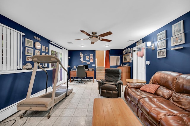 tiled living area featuring an office area and a ceiling fan