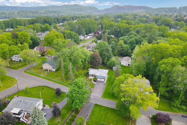 aerial view of residential area with a forest and a mountainous background