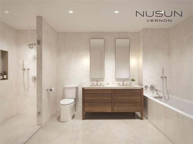 30-55 Vernon Blvd Unit 3J, Long Island City, NY 11102 - full bathroom with a bath, toilet, tile walls, double vanity, and tiled shower