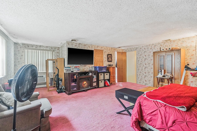 12 Grand Canyon Ln, Coram, NY 11727 - carpeted living room with wallpapered walls, a textured ceiling, and a baseboard radiator