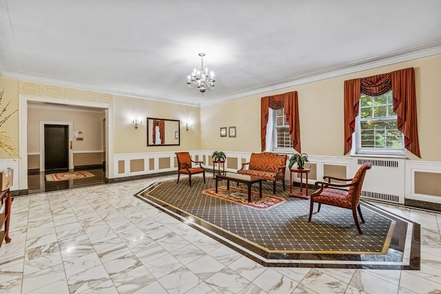 76-36 113th St Unit 1A, Forest Hills, NY 11375 - living area with radiator, wainscoting, ornamental molding, marble look tiles, and a chandelier