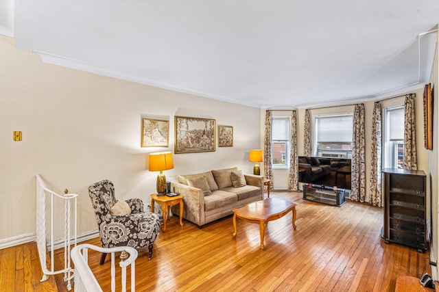 76-36 113th St Unit 1A, Forest Hills, NY 11375 - living area featuring light wood-style floors, crown molding, and baseboards