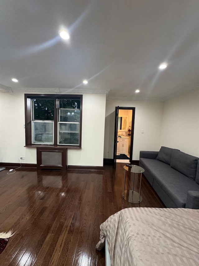 74-45 Yellowstone Blvd Unit 2A, Forest Hills, NY 11375 - living area featuring baseboards, ornamental molding, wood finished floors, and recessed lighting