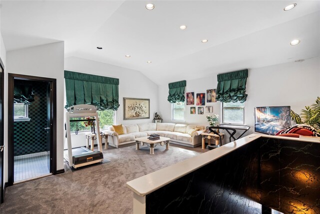 2 Harbor Ct W, Roslyn Harbor, NY 11576 - carpeted living room featuring vaulted ceiling and recessed lighting