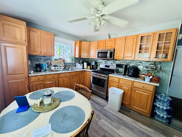 113 6th Ave, Huntington Station, NY 11746 - kitchen featuring appliances with stainless steel finishes, decorative backsplash, wood finished floors, and a ceiling fan