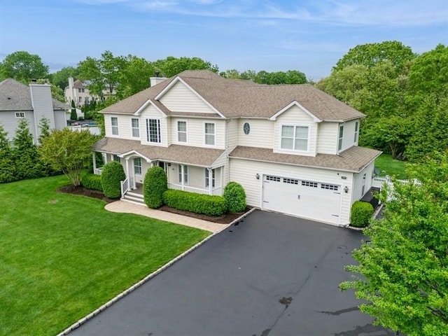 38 Savanna Cir, Mount Sinai, NY 11766 - view of front of home featuring an attached garage, asphalt driveway, a porch, a front yard, and roof with shingles