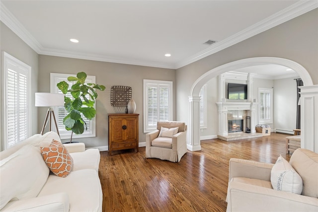 38 Savanna Cir, Mount Sinai, NY 11766 - living area with a glass covered fireplace, wood finished floors, arched walkways, ornamental molding, and recessed lighting