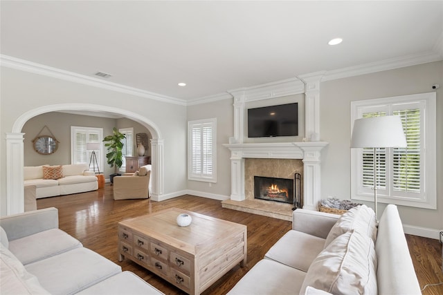 38 Savanna Cir, Mount Sinai, NY 11766 - living room featuring a premium fireplace, dark wood-style floors, ornamental molding, baseboards, and recessed lighting