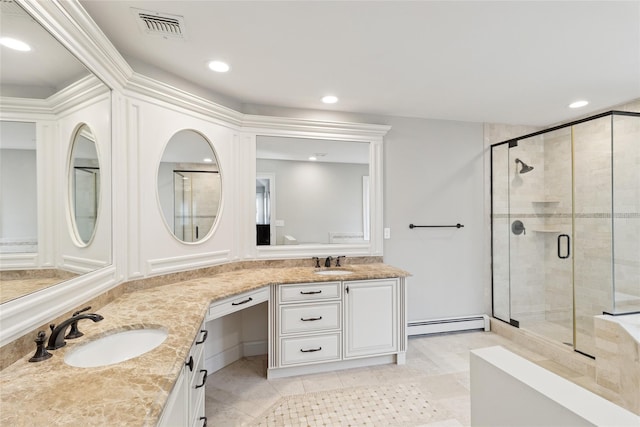 38 Savanna Cir, Mount Sinai, NY 11766 - full bathroom with a baseboard radiator, double vanity, a stall shower, tile patterned floors, and recessed lighting