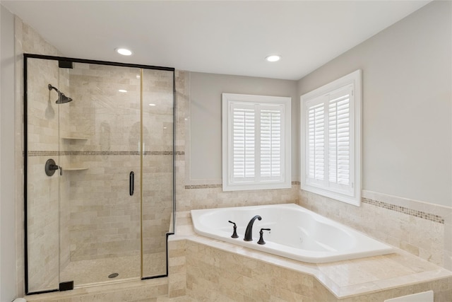 38 Savanna Cir, Mount Sinai, NY 11766 - full bath with a bath, a shower stall, and recessed lighting