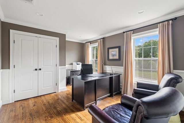38 Savanna Cir, Mount Sinai, NY 11766 - office area featuring ornamental molding, light wood-type flooring, plenty of natural light, wainscoting, and recessed lighting