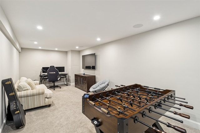 38 Savanna Cir, Mount Sinai, NY 11766 - game room featuring light colored carpet, recessed lighting, baseboards, and a desk