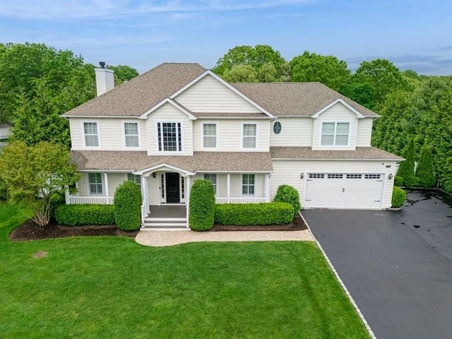 38 Savanna Cir, Mount Sinai, NY 11766 - view of front of property with an attached garage, driveway, a chimney, a shingled roof, and covered porch