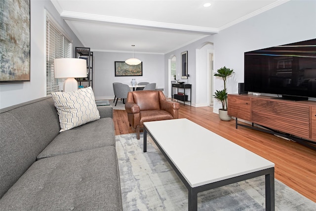 4 Peck Unit 47A, Rye, NY 10580 - living area featuring light wood finished floors, arched walkways, recessed lighting, crown molding, and baseboards