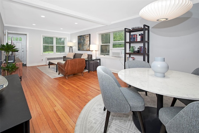 4 Peck Unit 47A, Rye, NY 10580 - dining space featuring radiator, beamed ceiling, light wood-style flooring, plenty of natural light, and recessed lighting