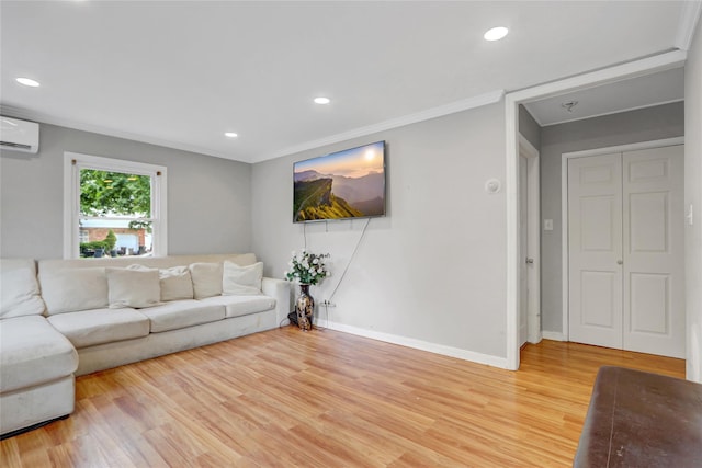 31 Clover Ln, Levittown, NY 11756 - living room with a wall unit AC, light wood-style floors, baseboards, recessed lighting, and crown molding