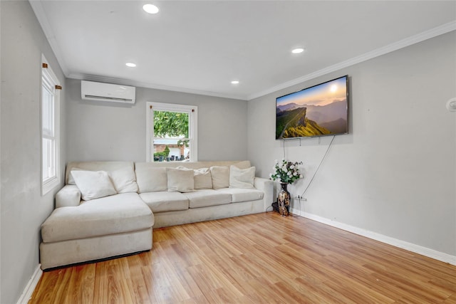 31 Clover Ln, Levittown, NY 11756 - living area featuring a wall mounted AC, crown molding, wood finished floors, baseboards, and recessed lighting