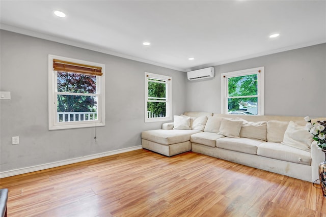 31 Clover Ln, Levittown, NY 11756 - living area with a wall mounted AC, plenty of natural light, light wood finished floors, ornamental molding, and recessed lighting